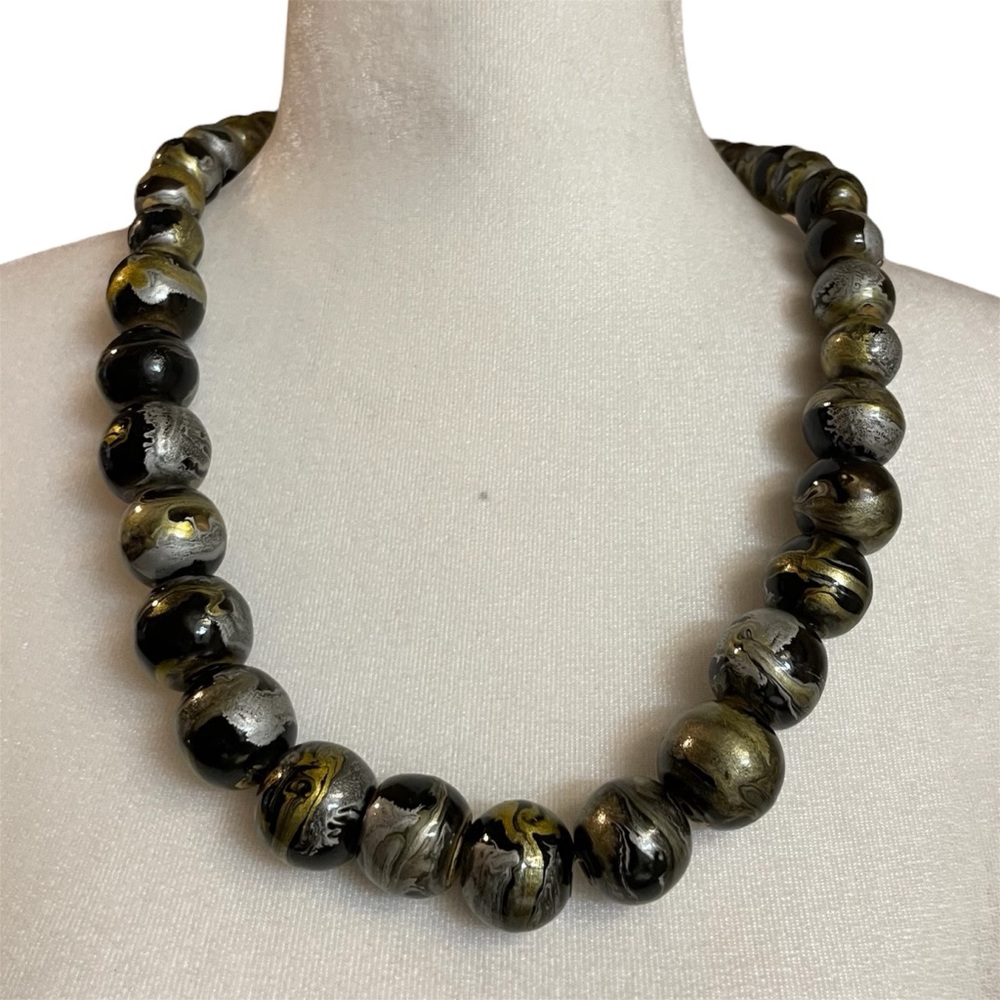 Vintage Wooden Black Gold Silver Marbleized Painted Beads Necklace